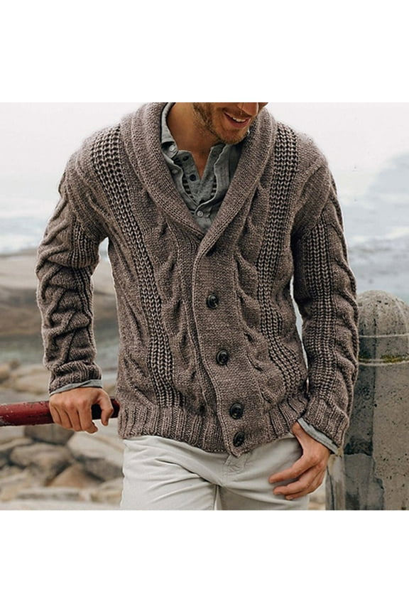 Mens Cable Knit Cardigan Sweater Shawl Collar Loose Fit Long Sleeve Casual Cardigans