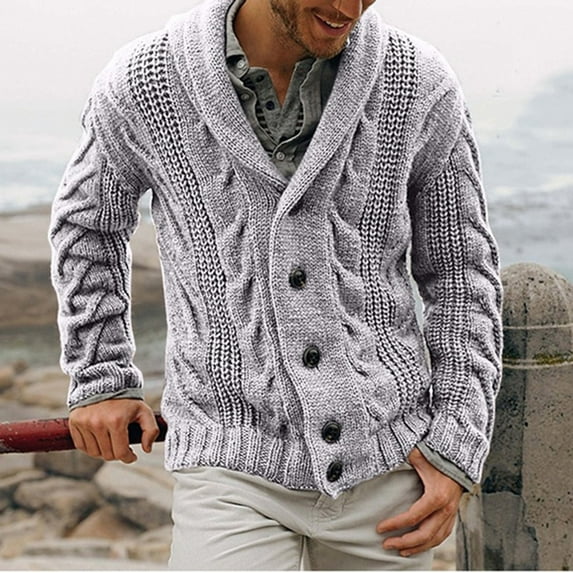 PEONAVET Mens Cable Knit Cardigan Sweater Shawl Collar Loose Fit Long Sleeve Casual Cardigans
