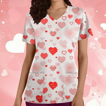 PEONAVET Nursing Scrub Tops for Women Fashion Heart Printed Working Uniform Short Sleeve V-Neck Workwear Blouse T-shirt with Pockets, Gifts for Her