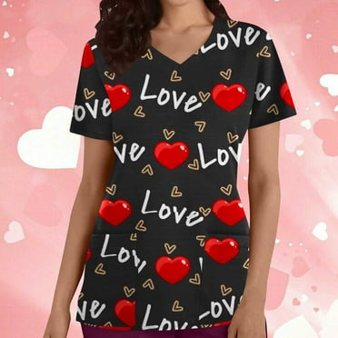 PEONAVET Nursing Scrub Tops for Women Fashion Heart Printed Working Uniform Short Sleeve V-Neck Workwear Blouse T-shirt with Pockets, Gifts for Her
