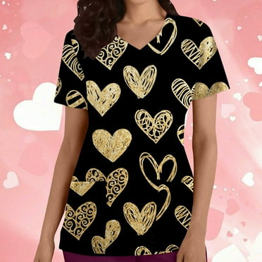 PEONAVET Nursing Scrub Tops for Women Fashion Heart Printed Working Uniform Short Sleeve V-Neck Workwear Blouse T-shirt with Pockets, Gifts for Her