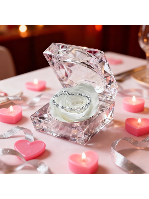 Preserved Rose Ring Box, Engagement Ring Box for Proposal Promise Clear Eternal Rose Jewelry Box for Valentine's Day Wedding Gift(White)