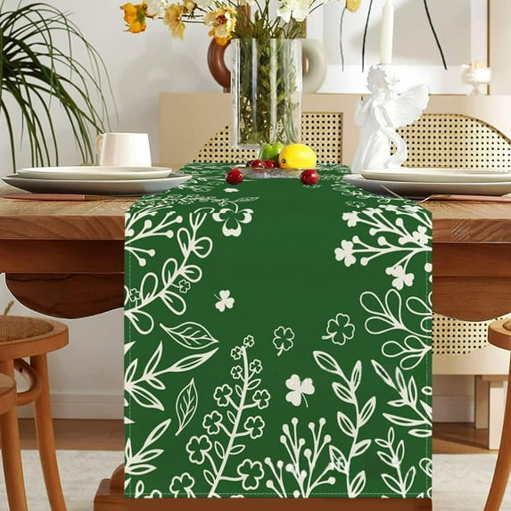 PEONAVET St. Patrick's Day Table Runner, Green Clover Irish Table Flag Spring Dining Table Decoration for Indoor Home Party Supplies