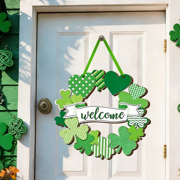 PEONAVET St.Patrick's Day Welcome Sign,Wooden Green Irish Front Door Sign, Hanging Clover Ornaments for Happy St.Patrick's Day Party Front Door Wall Home Decorations