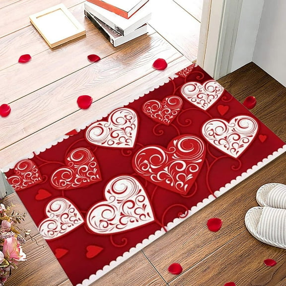 PEONAVET Valentine Bathroom Rug, Red Heart Bath Mat Non-Slip Absorbent Washable Bath Rug for Home Decor