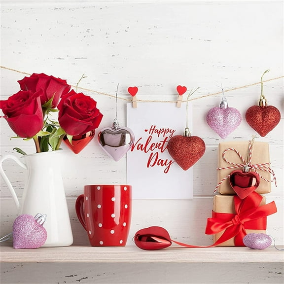 PEONAVET Valentine's Day Heart Ornaments, 24 Pcs 1.8 Inch Love Pendant for Tree Decoration, Heart-Shaped Hanging Ornaments for Home Wedding Kids Gift Table Wall Door Hanging Decor on Clearance