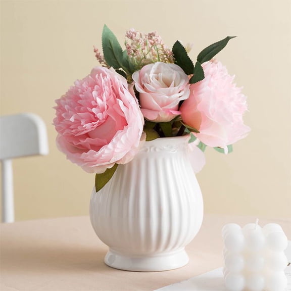 PEONAVET White Flower Vase, 5.5" Rustic Round Vase for Fresh and Dry Flowers, Plastic Boho Farmhouse Table Decor for Living Room, Table, Bathroom, Holiday & Weddings