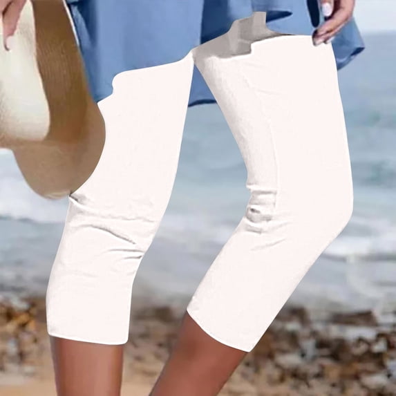 PEONAVET White Women's Leggings with Pockets High Waisted Knee Length s Stretch for Casual Yoga Pants Workout Exercise - Summer's Top Trends