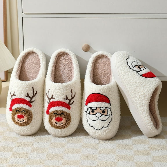 PEONAVET Women Christmas Slippers Fluffy Reindeer House Shoes for Women Men Winter Soft Plush Non-Slip Shoes for Indoor Outdoor Use