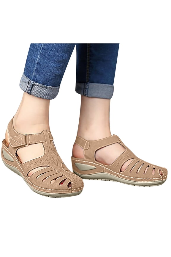 PEONAVET Women's Closed Toe Flat Sandals Comfortable Ankle Strap Cut Out Cage Summer Roman Shoes - Summer's Best Shoes