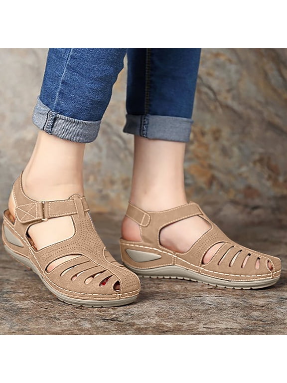 PEONAVET Women's Closed Toe Flat Sandals Comfortable Ankle Strap Cut Out Cage Summer Roman Shoes - Summer's Best Shoes