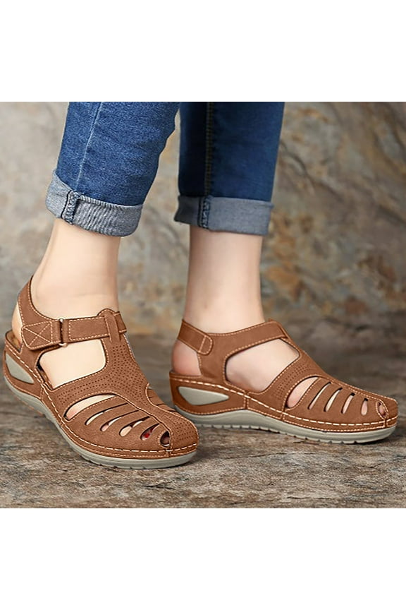 PEONAVET Women's Closed Toe Flat Sandals Comfortable Ankle Strap Cut Out Cage Summer Roman Shoes - Summer's Best Shoes