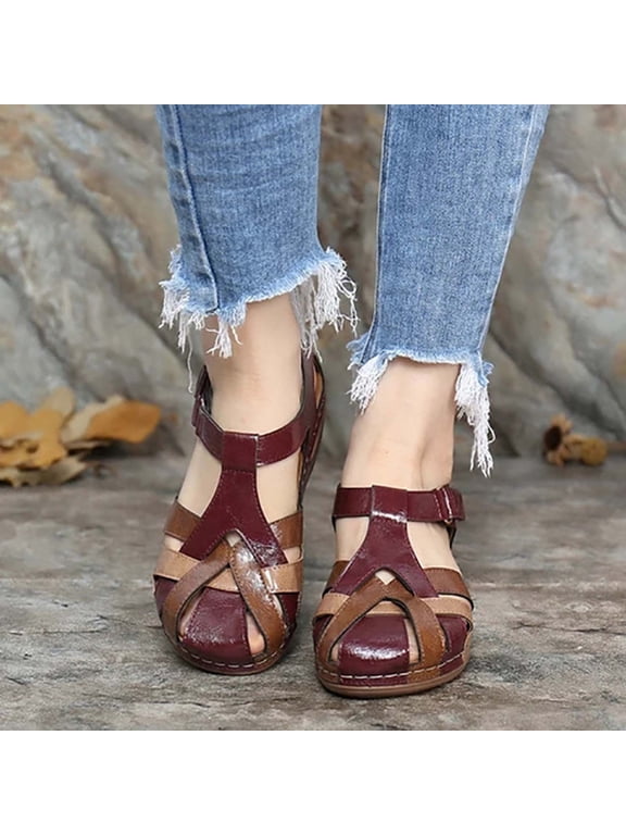 Women's Closed Toe Flat Sandals Comfortable Ankle Strap Cut Out Cage Summer Roman Shoes Summer