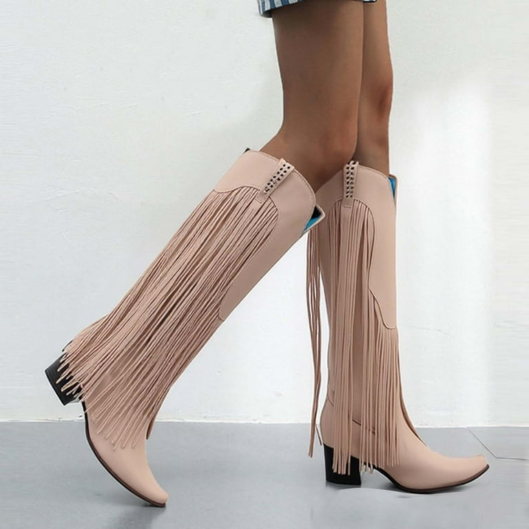 PEONAVET Women's Cowgirls Boots Knee High Fringe Boots Pull on