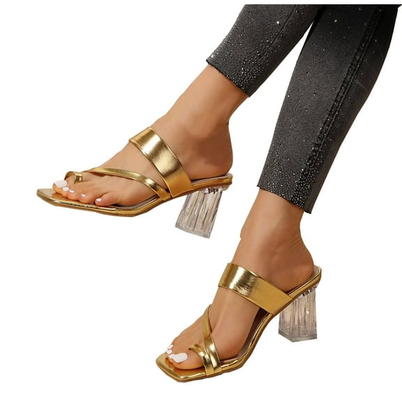 PEONAVET Women's Fashion Casual Summer New Hollow Toe High Heels Thick Heels Crystal Heels