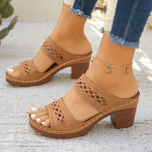 PEONAVET Women's Fashionable Casual Summer New Style Outdoor Wear Lazy Temperament Flip Flops High Heels