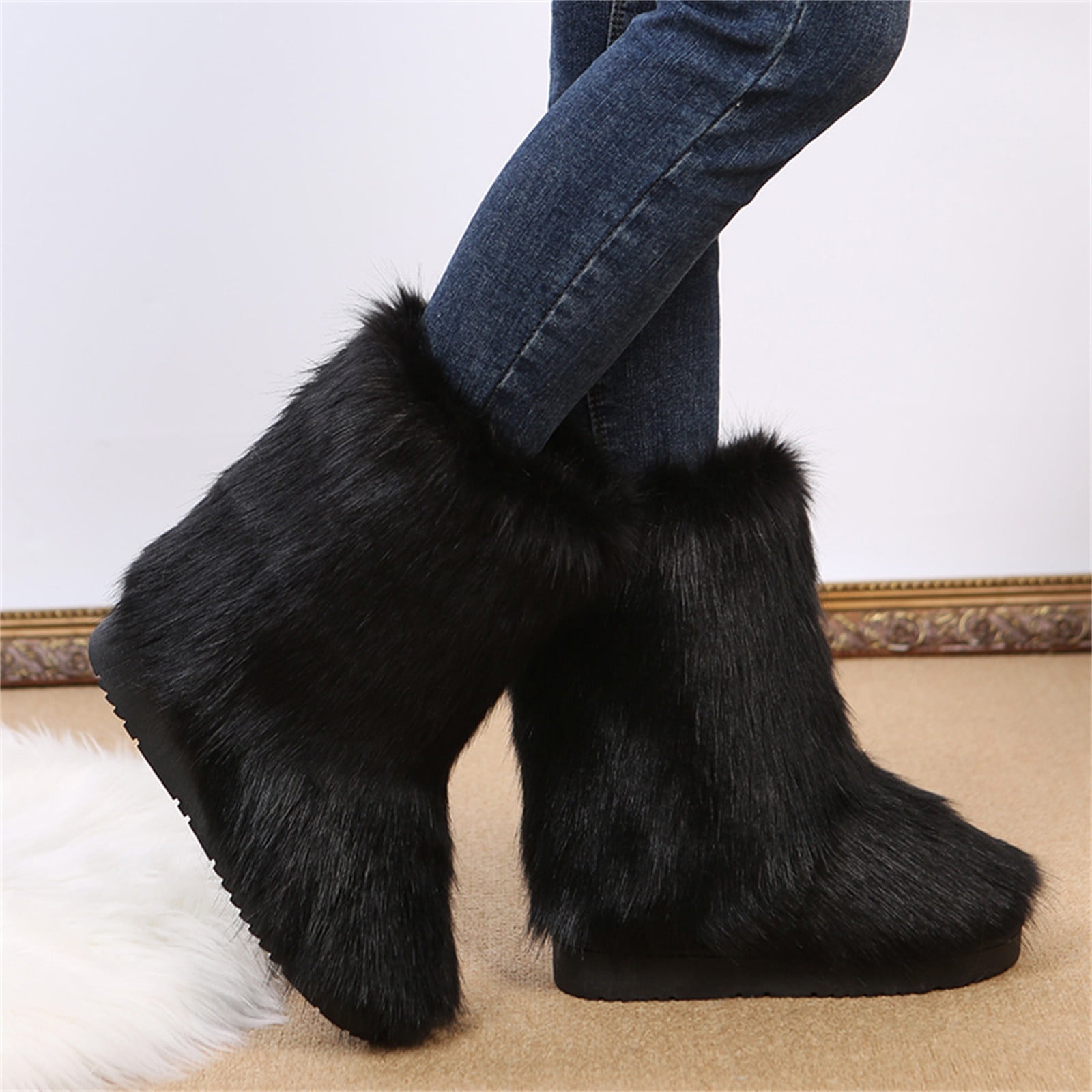 MH Bailment Women's Faux Fur Winter Boots - Mid-Calf Fluffy Snow Boots With 1" Heel, Warm & Fashionable - View #2