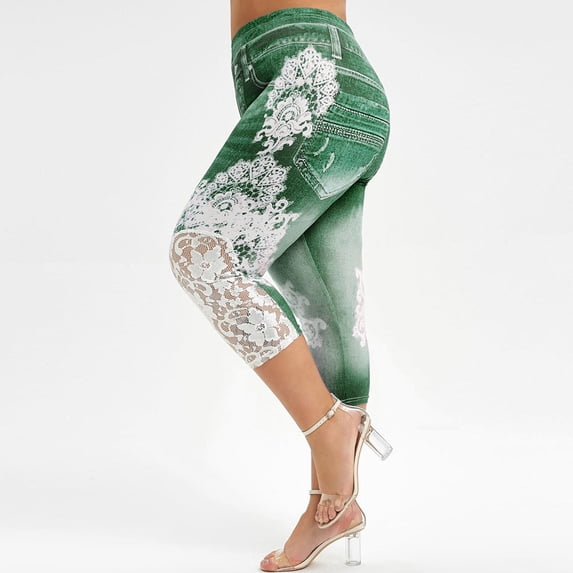 PEONAVET Women's High Waist Tummy Control Jean Leggings with Pockets;Ladies Printing Lace Plus Size Sports Yoga Faux Denim Leggings