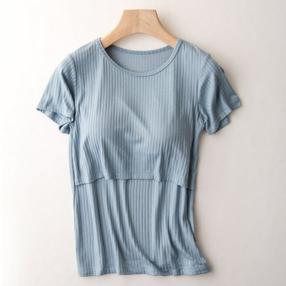 PEONAVET Women's Nursing Top Maternity Shirts for Breastfeeding Short Sleeve Round Neck Solid Color Short Sleeve Breast Feeding Pregnant Nursing Blouse Tops T Shirt