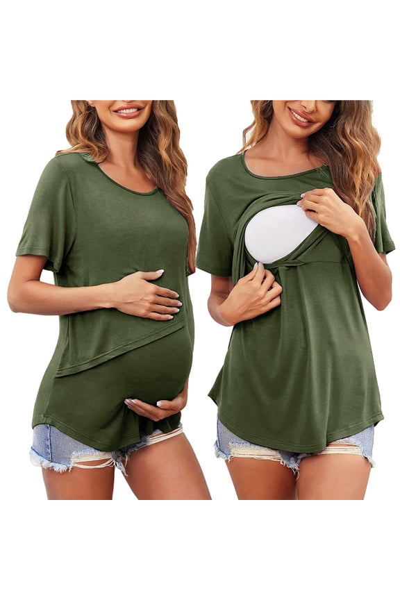 Women's Nursing Tops for Breastfeeding Shirts Maternity Clothes Pregnant s Nursing Solid Color Round Neck Short Sleeve Round Neck Breastfeeding Blouse