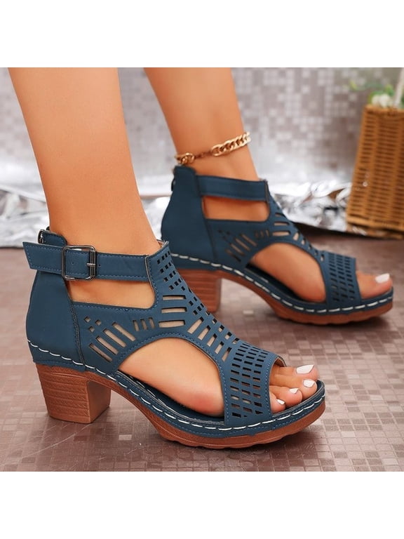 Women's Summer Sandals, Ankle T Straps Dress Block High Heel Sandals