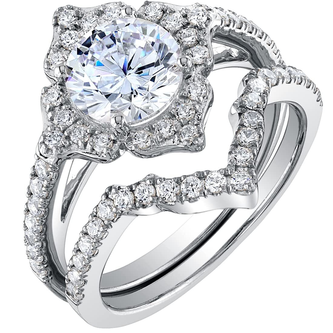 PEORA 1.50 Carats Moissanite Vintage Art Deco Engagement Ring and Wedding Band Bridal Set for Women 925 Sterling Silver, Round Brilliant Shape, D-E Color, VVS Clarity, Size 5.5