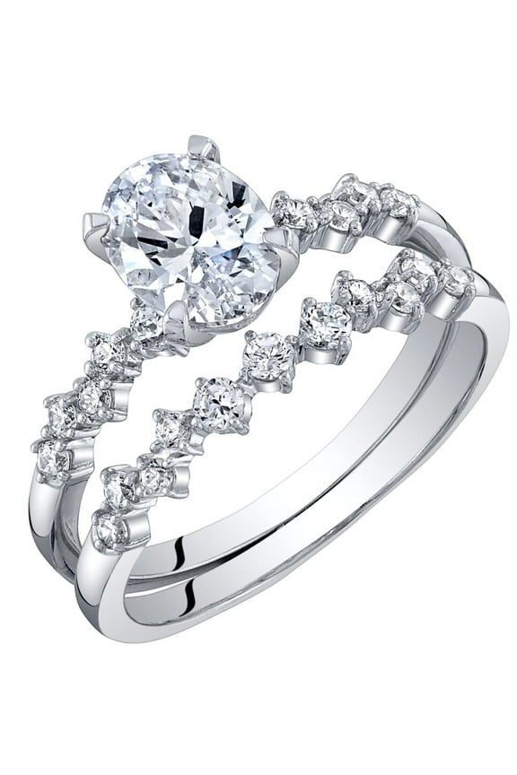 1.50 Carats Oval Cut Moissanite Engagement Ring and Wedding Band Bridal Set Scattered Side Stones 925 Sterling Silver, D-E Color, VVS Clarity, Size 8