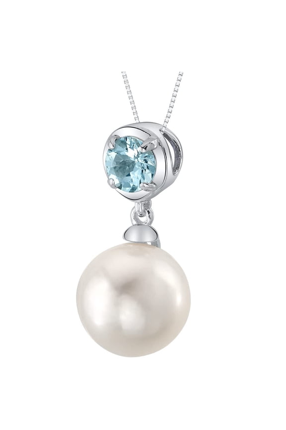 10mm Freshwater Cultured Pearl and Aquamarine Pendant Necklace for Women 925 Sterling Silver, with 18 inch Chain