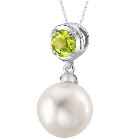 PEORA 10mm Freshwater Cultured Pearl and Peridot Pendant Necklace for Women 925 Sterling Silver, with 18 inch Chain