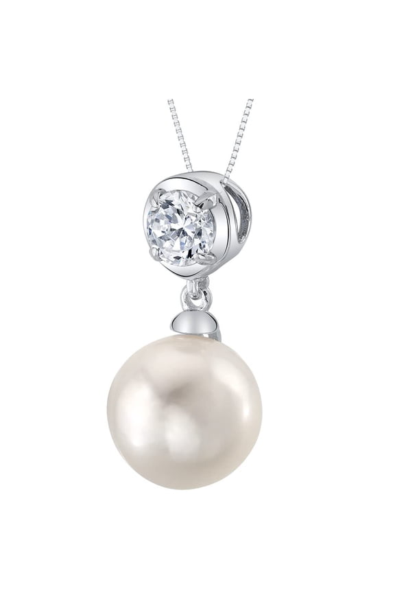 10mm Freshwater Cultured Pearl and White Cubic Zirconia Pendant Necklace for Women 925 Sterling Silver, with 18 inch Chain
