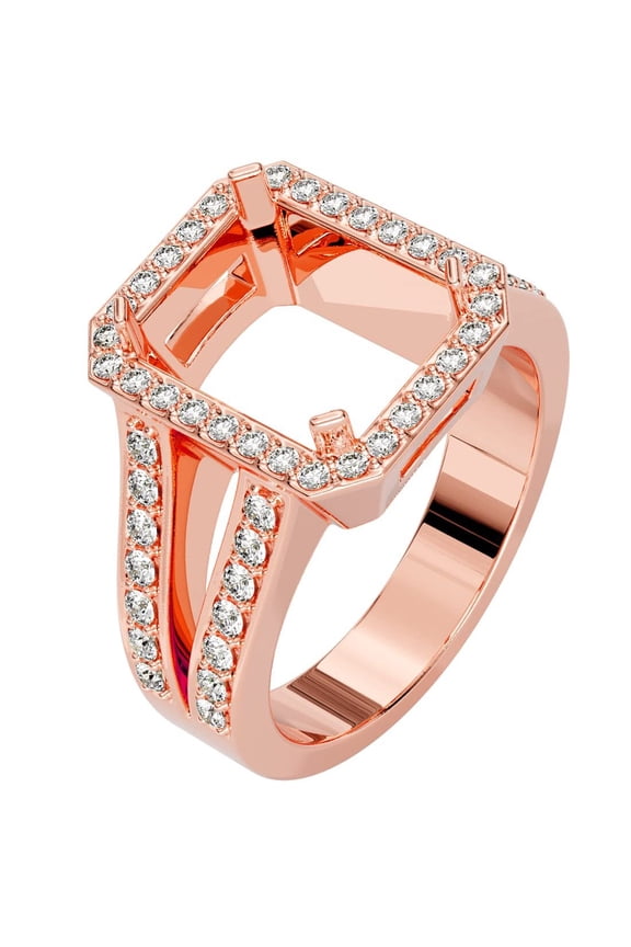 14K Rose Gold G-H/VS Lab Grown Diamond Semi Mount Ring Setting, Fits 10x8mm Emerald or Radiant Cut, 0.50 Carat total, Size 7