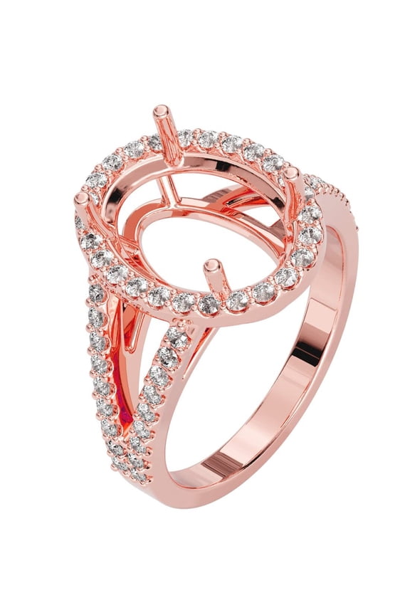 14K Rose Gold G-H/VS Lab Grown Diamond Semi Mount Ring Setting, Fits 12x10mm Oval Stone, 0.65 Carat total, Size 5