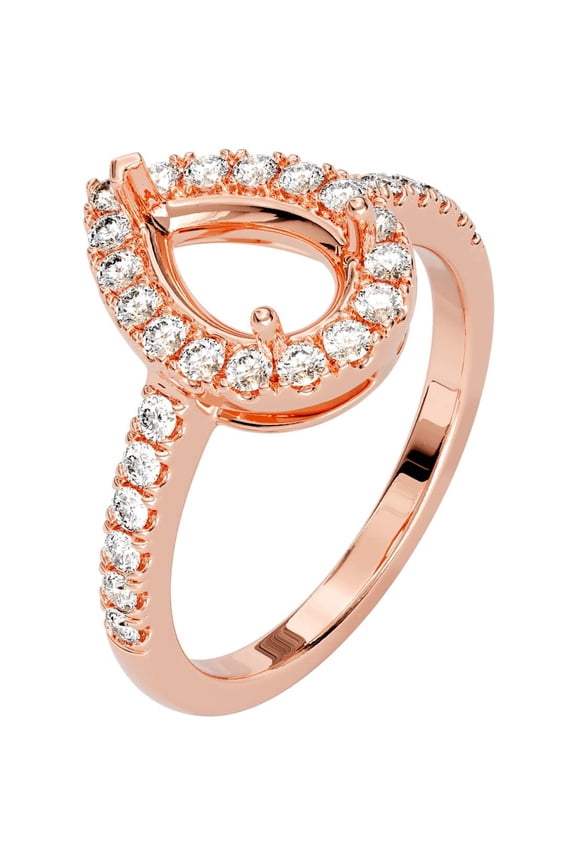 14K Rose Gold G-H/VS Lab Grown Diamond Semi Mount Ring Setting, Fits 9x6mm Pear Shape Stone, 0.45 Carat total, Size 4