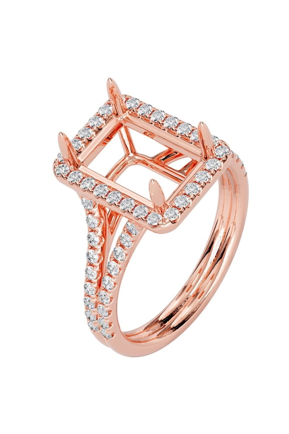 14K Rose Gold G-H/VS Lab Grown Diamond Semi Mount Ring Setting, Fits 9x7mm Emerald or Radiant Cut, 0.50 Carat total, Size 10