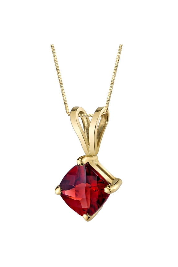 14K Solid Yellow Gold Red Garnet Pendant for Women, Natural Gemstone Classic Solitaire, 1 Carat Cushion Cut, 6mm