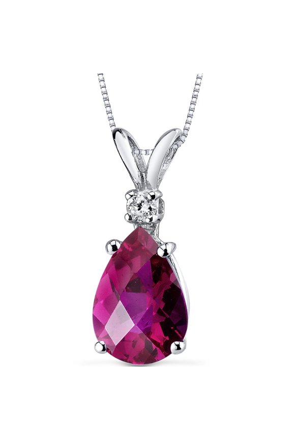 14K White Gold 2.50 Carats Created Ruby with Genuine Diamond Pendant, Elegant Teardrop Solitaire, AAA Grade Pear Shape 10x7mm