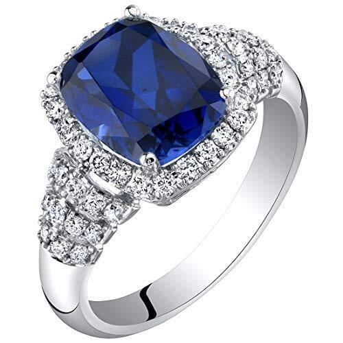 PEORA 14K White Gold 4.79 Carats Created Blue Sapphire and Lab Grown Diamond Ring, AAA Grade Cushion Cut