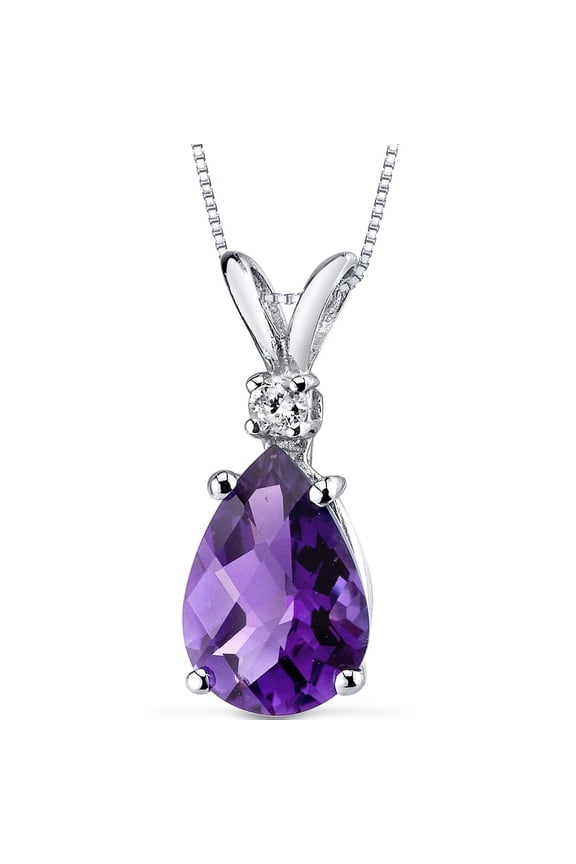 14K White Gold Amethyst and Diamond Pendant for Women, Genuine Gemstone Teardrop Solitaire, 1.60 Carats Pear Shape 10x7mm