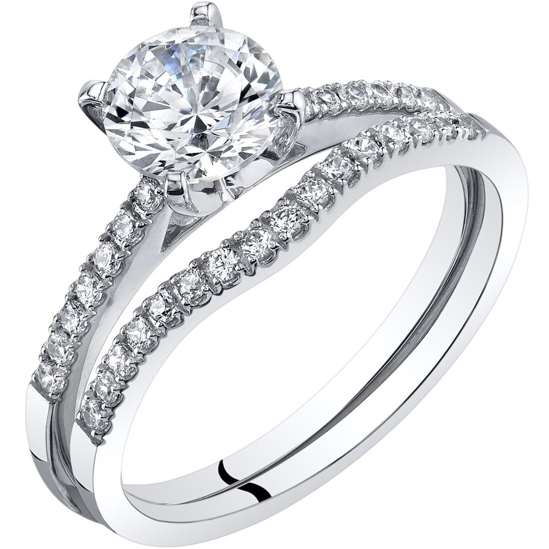 PEORA 14K White Gold Classic Engagement Ring and Wedding Band Bridal Set for Women, 1 Carat Round Shape, F-G Color, VVS Clarity, Size 8