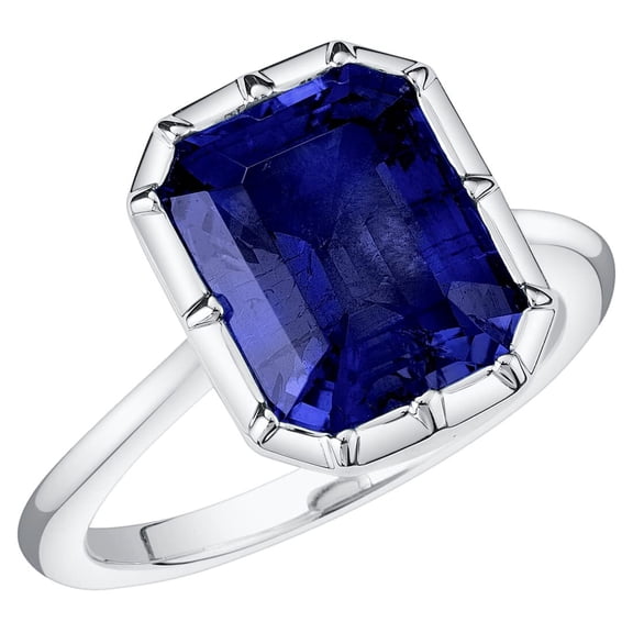 PEORA 14K White Gold Created Blue Sapphire Ring for Women, Bezel Solitaire, 6.50 Carats, 11x9mm Emerald Cut, Size 5