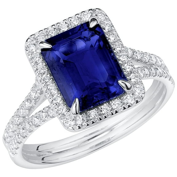PEORA 14K White Gold Created Blue Sapphire and Lab Grown Diamond Ring for Women, 4 Carats Total, 9x7mm Emerald Cut, Size 9