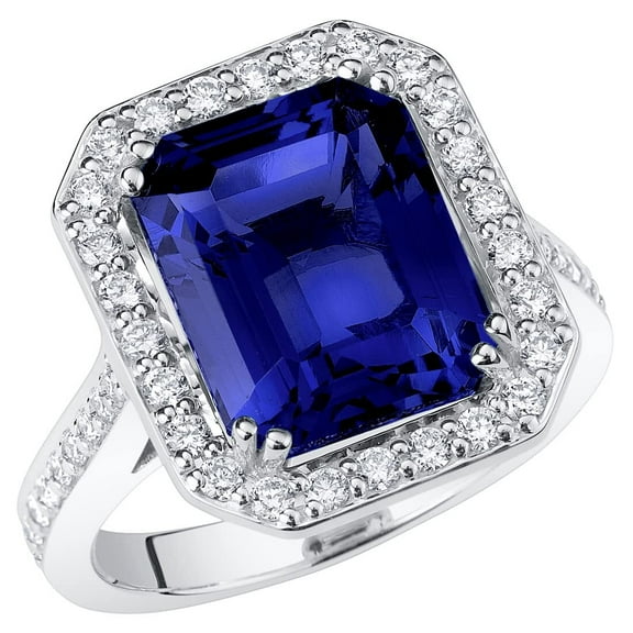PEORA 14K White Gold Created Blue Sapphire and Lab Grown Diamond Ring for Women, Modern Art Deco, 9.25 Carats Total, 12x10mm Emerald Cut, Size 6.5