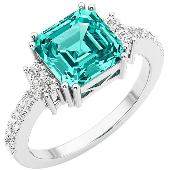 PEORA 14K White Gold Created Paraiba Tourmaline and Lab Grown Diamond Ring, 2.50 Carats Total, Asscher Cut, Size 5