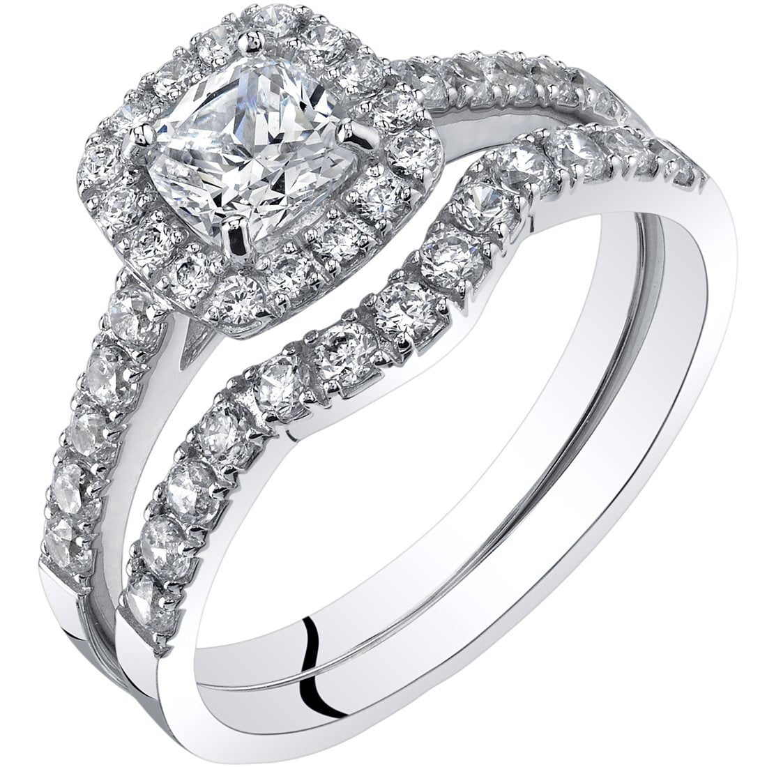 PEORA 14K White Gold Cushion Cut Engagement Ring and Wedding Band Bridal Set for Women, F-G Color, VVS Clarity, Size 8.5