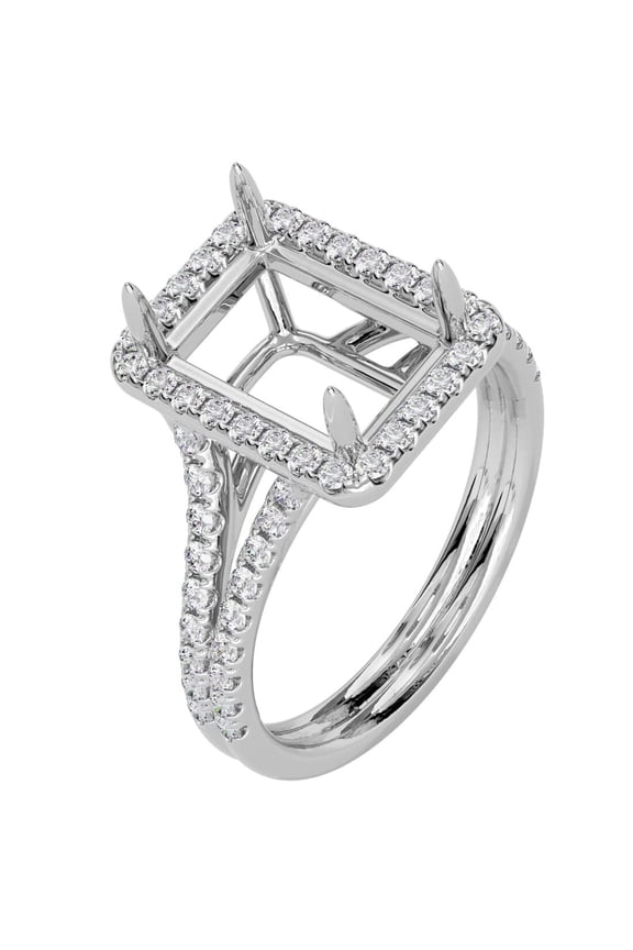 14K White Gold G-H/VS Lab Grown Diamond Semi Mount Ring Setting, Fits 9x7mm Emerald or Radiant Cut, 0.50 Carat total, Size 4