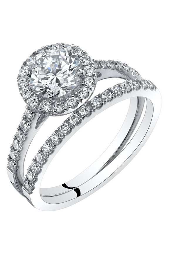 14K White Gold Halo Engagement Ring and Wedding Band Bridal Set for Women, 1 Carat Round Shape, F-G Color, VVS Clarity, Size 8.5