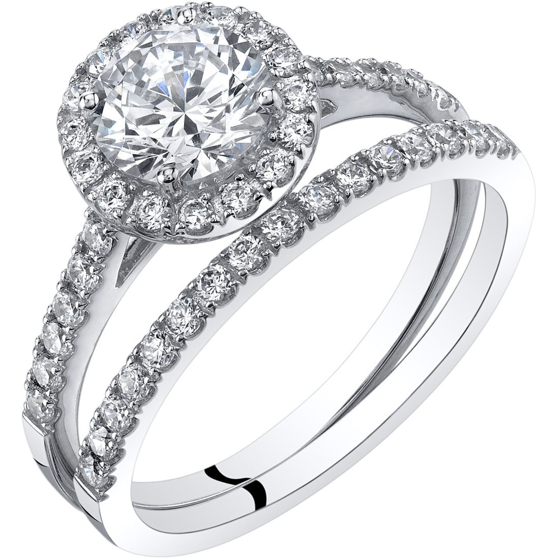 PEORA 14K White Gold Halo Engagement Ring and Wedding Band Bridal Set for Women, 1 Carat Round Shape, F-G Color, VVS Clarity, Size 8