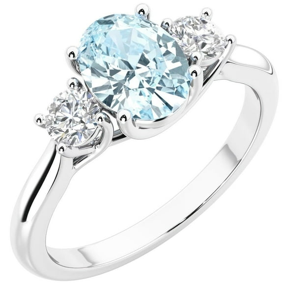 PEORA 14K White Gold Oval Aquamarine and Lab Grown Diamond 3 Stone Trellis Ring, 1.30 Carats total, Size 5
