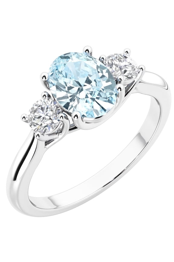 14K White Gold Oval Aquamarine and Lab Grown Diamond 3 Stone Trellis Ring, 1.30 Carats total, Size 6.5