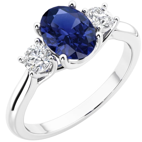 PEORA 14K White Gold Oval Created Blue Sapphire and Lab Grown Diamond 3 Stone Trellis Ring, 2.10 Carats total, Size 9